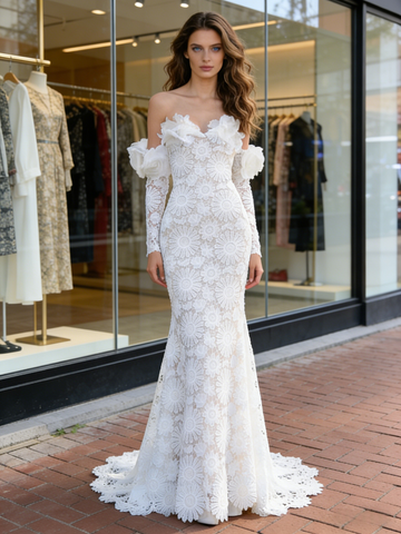 Off The Shoulder Lace Trumpet Mermaid Long Sleeve Wedding Dress