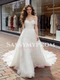 V Neck A Line Lace Tulle Appliques Wedding Dress