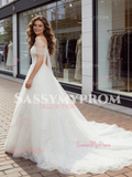 V Neck A Line Lace Tulle Appliques Wedding Dress