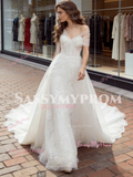 V Neck A Line Lace Tulle Appliques Wedding Dress
