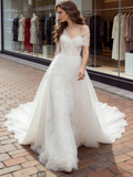 V Neck A Line Lace Tulle Appliques Wedding Dress