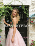 Pink Floral Spaghetti Straps Tulle A Line Prom Dress