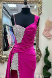 Sweetheart Fuchsia Beading Straps Prom Dress With Slit