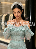 Tassel Green Long Sleeve Off The Shoulder Prom Dress With Slit