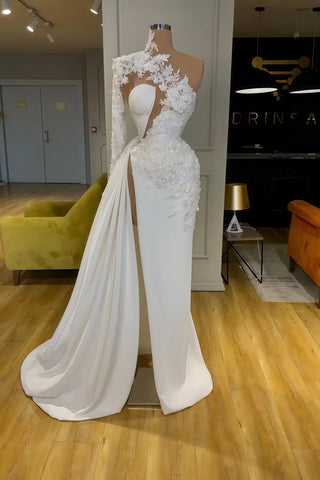 One Shoulder Lace White Trumpet Mermaid High Neck Prom Dress