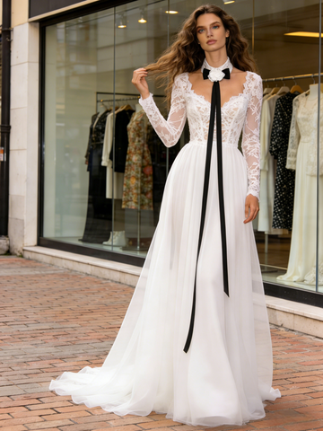 Flower Tulle Long Sleeve High Neck A Line Wedding Dress