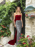 Strapless Sequin Silver Burgundy Trumpet Mermaid Prom Dress