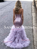 V Neck Purple Sequin Trumpet Mermaid Ruffles Prom Dress