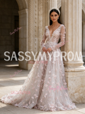 Sequin Floral V Neck Pink Long Sleeve Tulle Prom Dress
