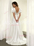 Satin A Line V Neck Puffy Sleeve Wedding Dress
