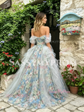 Blue Sweetheart A Line Ruffles Floral Prom Dress