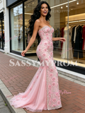Pink Beading Flowers Lace Sheath Column Tulle Prom Dress