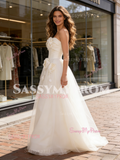 Satin A Line Tulle Strapless Flower Wedding Dress