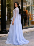 Cap Sleeves Tulle Sheat Column Blue Beading Prom Dress