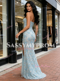 Blue Sweetheart Sheath Column Beading Tulle Prom Dress With Slit