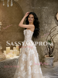 Appliques Tulle Strapless Champagne Lace A Line Wedding Dress