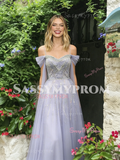 Off The Shoulder Lavender Purple Tulle Beading Prom Dress