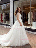 V Neck A Line Lace Tulle Appliques Wedding Dress