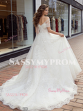 V Neck A Line Lace Tulle Appliques Wedding Dress