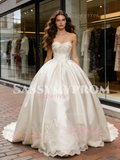 Ball Gown Satin Strapless Appliques Bows Wedding Dress