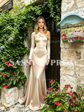 Champagne Satin Appliques Trumpet Mermaid Long Sleeve Prom Dress