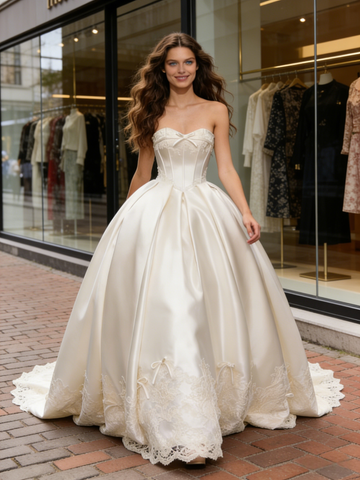 Ball Gown Satin Strapless Appliques Bows Wedding Dress