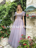 Short Sleeve Square Lilac Tulle Beading Prom Dress