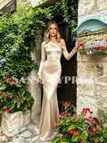 Champagne Satin Appliques Trumpet Mermaid Long Sleeve Prom Dress