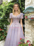 Short Sleeve Square Lilac Tulle Beading Prom Dress