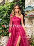 Fuchsia Tulle One Shoulder Long Sleeve A Line Prom Dress With Slit
