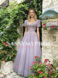 Short Sleeve Square Lilac Tulle Beading Prom Dress