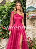 Fuchsia Tulle One Shoulder Long Sleeve A Line Prom Dress With Slit