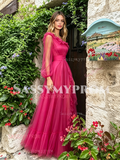 Fuchsia Tulle One Shoulder Long Sleeve A Line Prom Dress With Slit