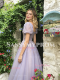 Short Sleeve Square Lilac Tulle Beading Prom Dress