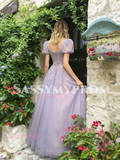 Short Sleeve Square Lilac Tulle Beading Prom Dress