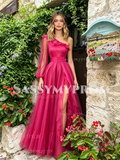 Fuchsia Tulle One Shoulder Long Sleeve A Line Prom Dress With Slit