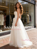 Satin A Line Tulle Strapless Flower Wedding Dress