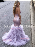 V Neck Purple Sequin Trumpet Mermaid Ruffles Prom Dress
