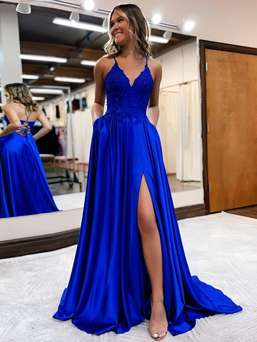 Appliques Blue V Neck Satin Prom Dress With Slit