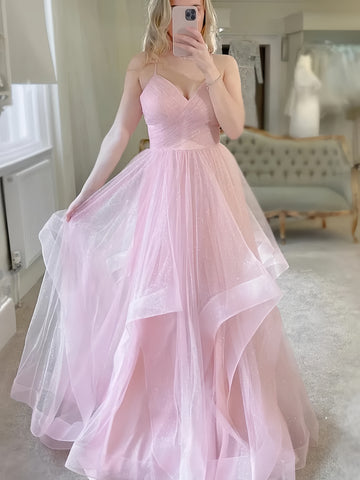 V Neck Light Pink Ruffles Tulle Prom Dress