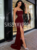Beading Strapless Satin Trumpet Mermaid Prom Dress With Slit