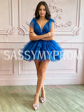 V Neck Royal Blue Tulle Layered Short Homecoming Dress