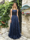 Navy Blue Jewel Tulle Sparkle A Line Prom Dress