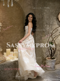 Appliques Tulle Strapless Champagne Lace A Line Wedding Dress