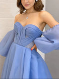 Blue Off the Shoulder Pleats Long Prom Dress