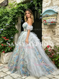 Blue Sweetheart A Line Ruffles Floral Prom Dress
