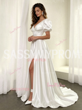 Satin A Line V Neck Puffy Sleeve Wedding Dress