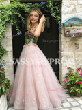 Pink Floral Spaghetti Straps Tulle A Line Prom Dress