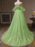 Green Tulle Beading Off Shoulder Sparkle Prom Dress