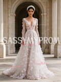 Sequin Floral V Neck Pink Long Sleeve Tulle Prom Dress